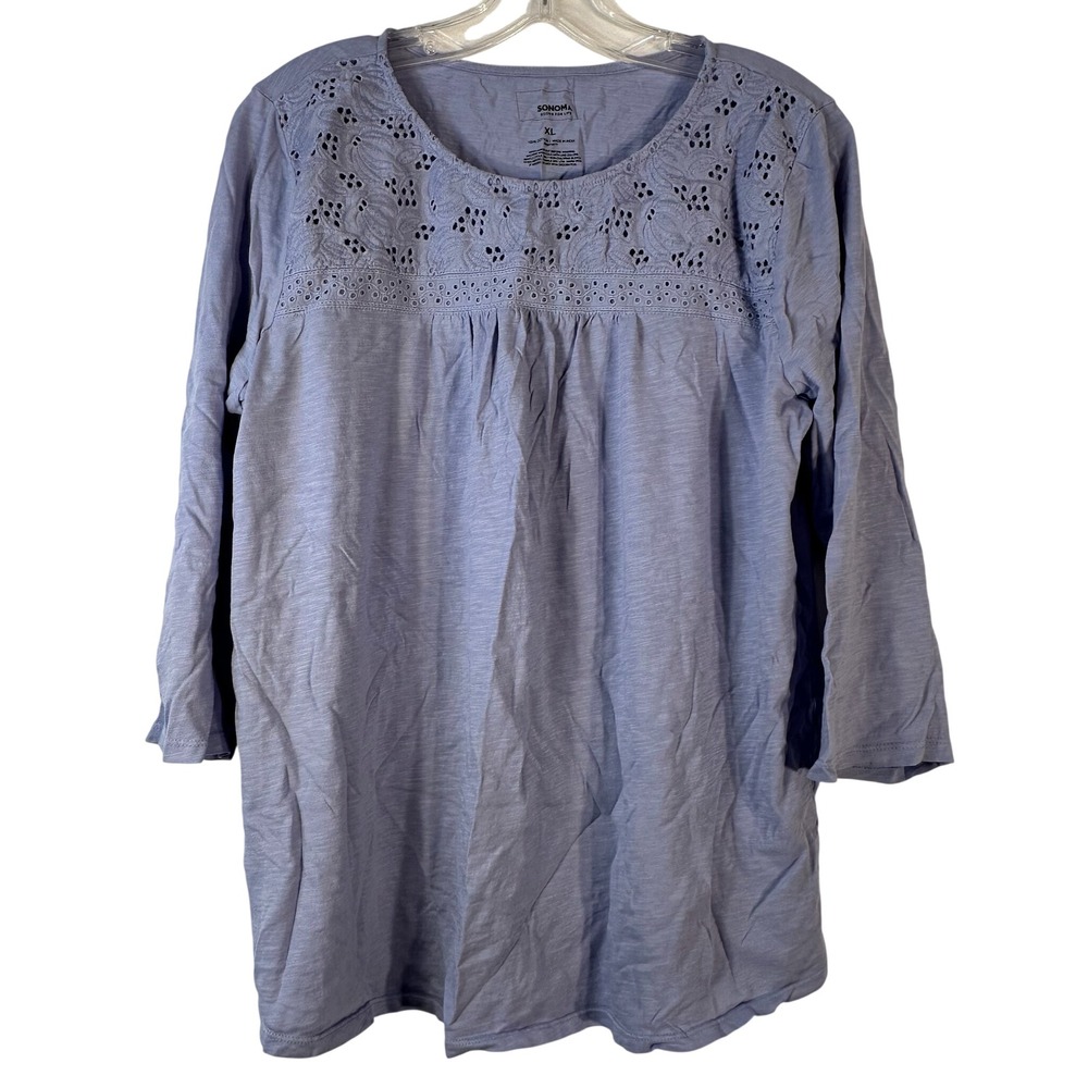Sonoma Goods For Life Womens XL Blue Eyelet Embroidered Slub Cotton Boho Top